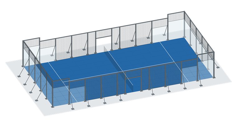 Illustrative 3D view of the AP-E04 Event Court, a portable regulation padel court.