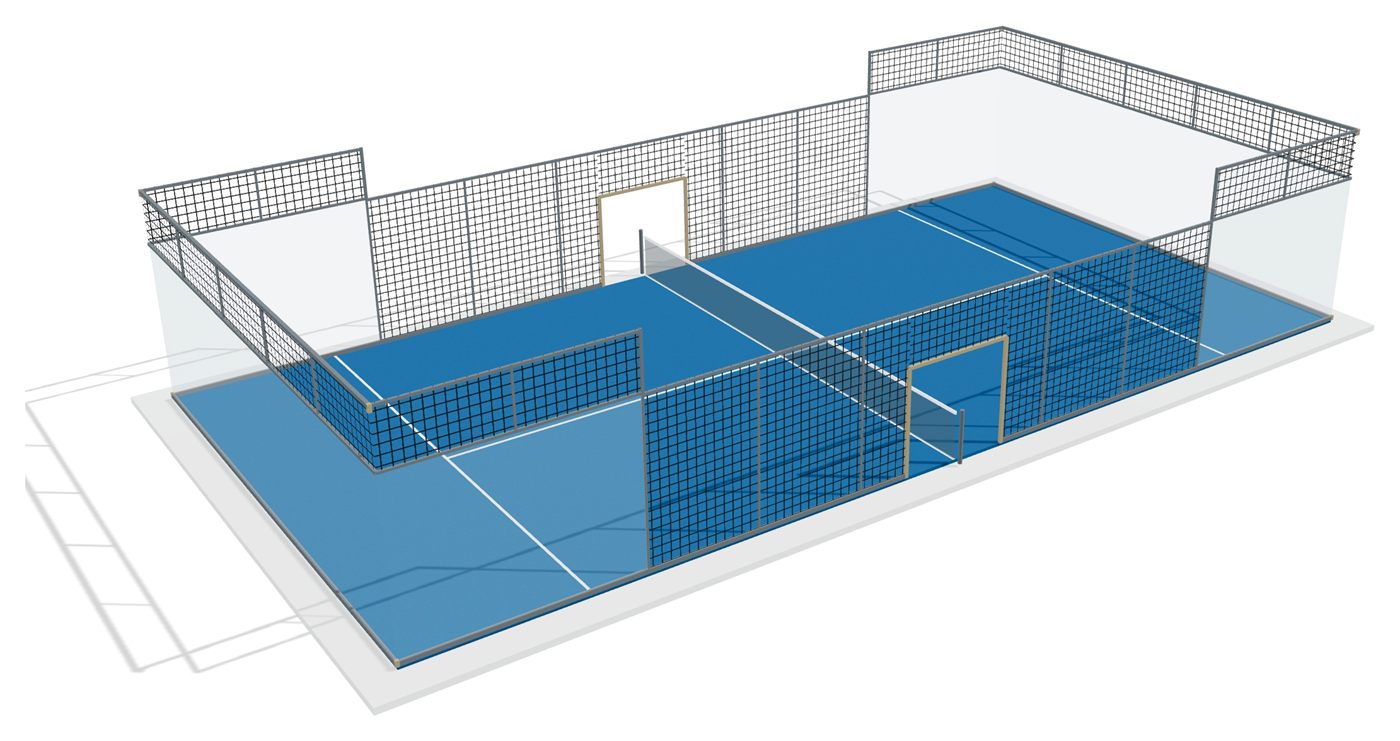 3D view of the AP-I01 Super Panoramic Indoor court: full-height tempered glass meeting glass at the corners with no corner columns, mesh above the glass on the long sides, and a self-supporting perimeter top ring. Lighting is not shown.
