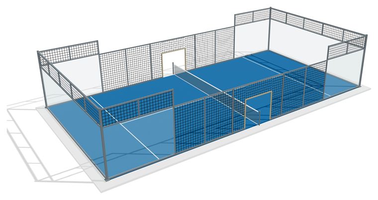 3D view of the AP-P02 Panoramic Outdoor court: steel corner columns carrying the perimeter ring.
