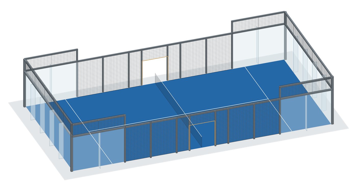 Illustrative concept of the AP-X03-150 Extreme Wind court: a panoramic court with steel posts at the four corners only and a glass fin behind every seam.