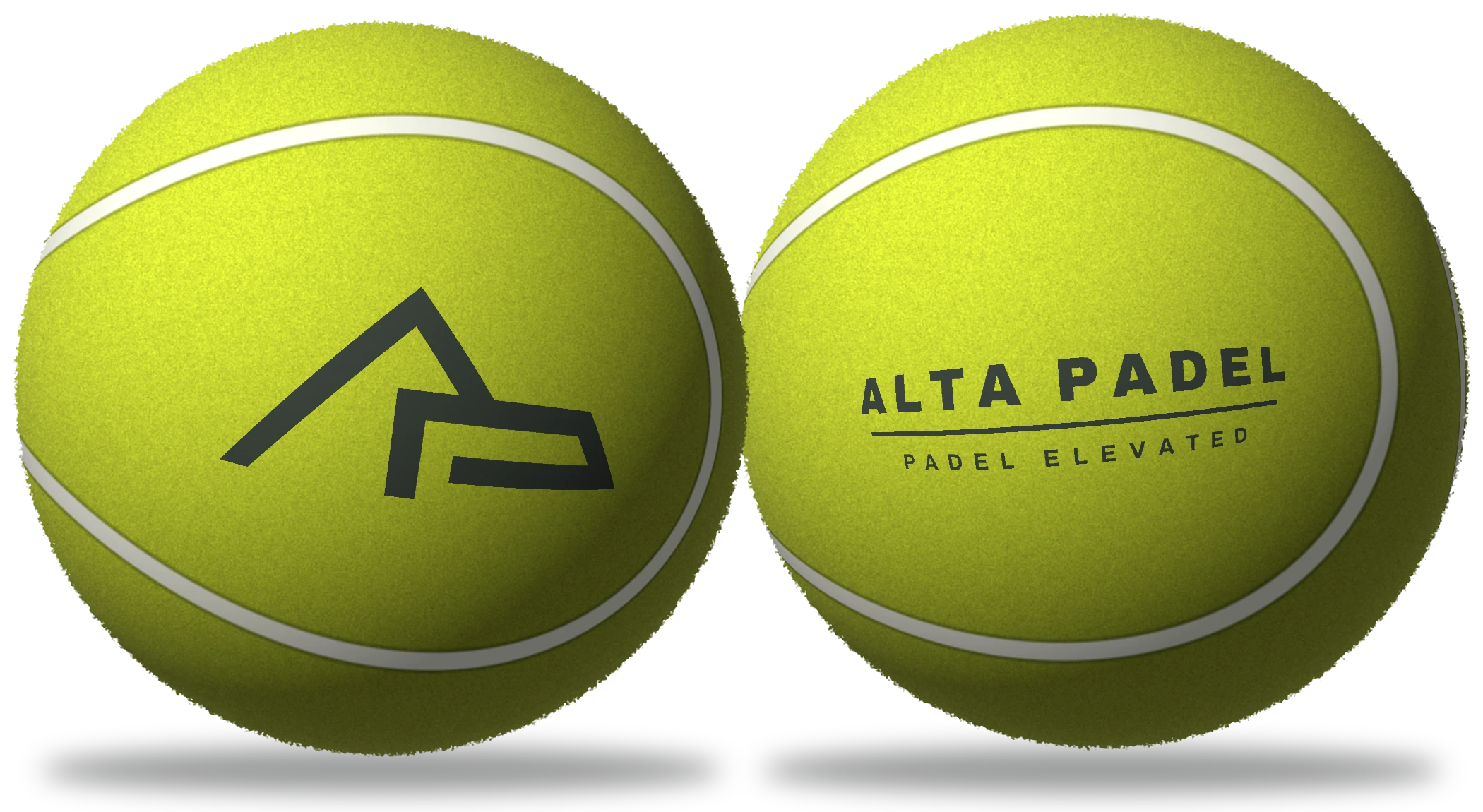 Two Alta Padel balls, one showing the AP logo and one showing the ALTA PADEL wording